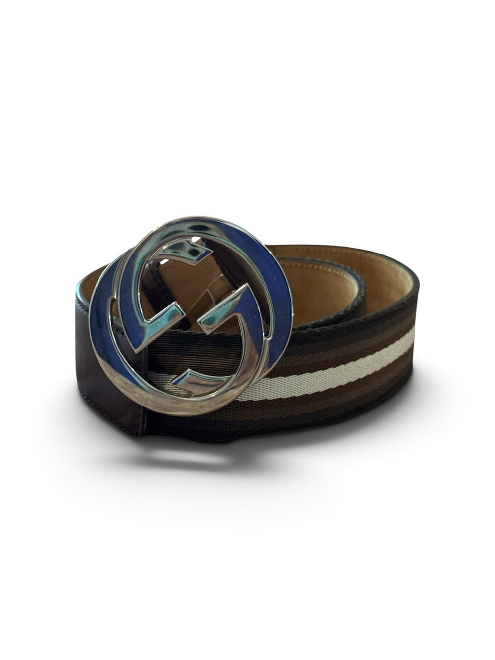 Gucci Brown, Cream & Black Web Stripe Belt with Double G Buckle